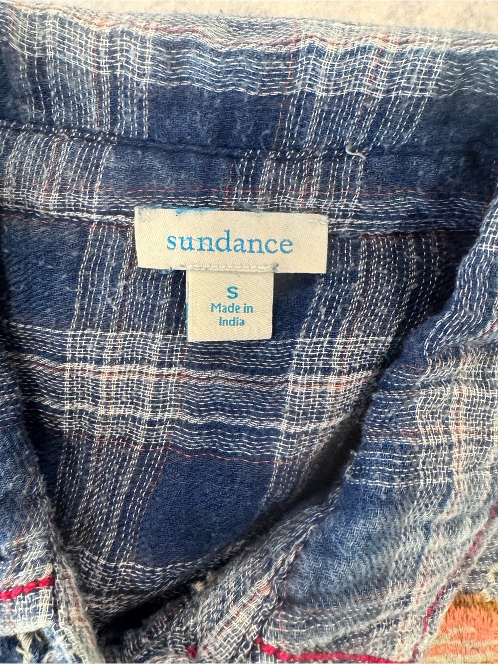 Sundance Embroidered Floral Plaid Button Down Tunic Top Blue Small Gauze Lagen - Picture 5 of 15